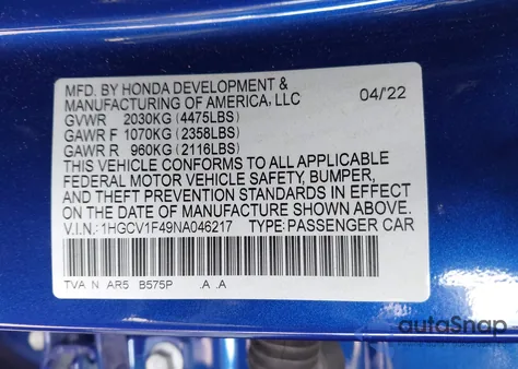2022 Honda Accord Sport Se z USA, uszkodzony, nr VIN 1HGCV1F49NA046217